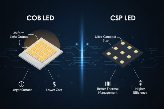 Comparație chip-uri LED auto COB vs CSP — diferențe tehnice, luminozitate și durată de viață