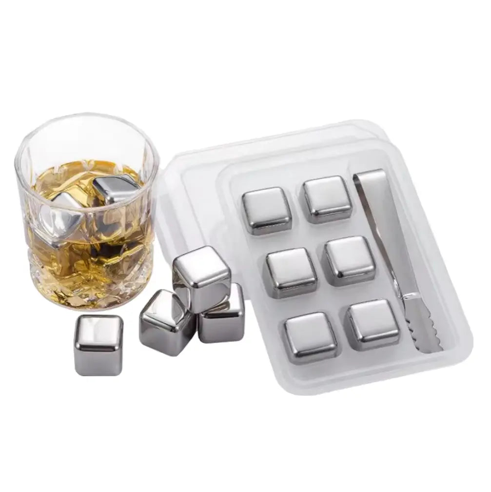 Set 6 Cuburi pentru racirea bauturilor, inox, reutilizabile, cleste, cutie depozitare
