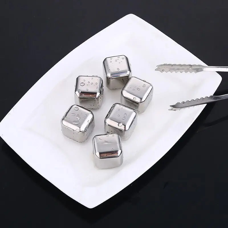 Set 6 Cuburi pentru racirea bauturilor, inox, reutilizabile, cleste, cutie depozitare