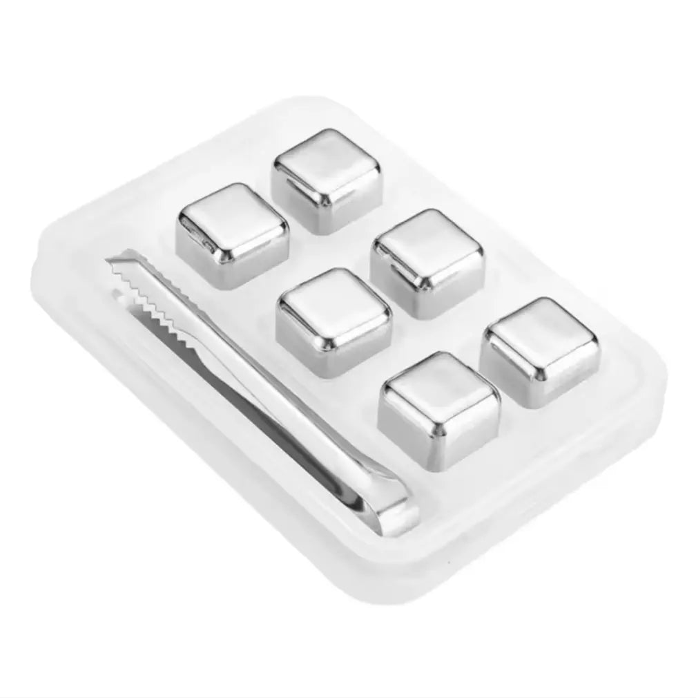 Set 6 Cuburi pentru racirea bauturilor, inox, reutilizabile, cleste, cutie depozitare