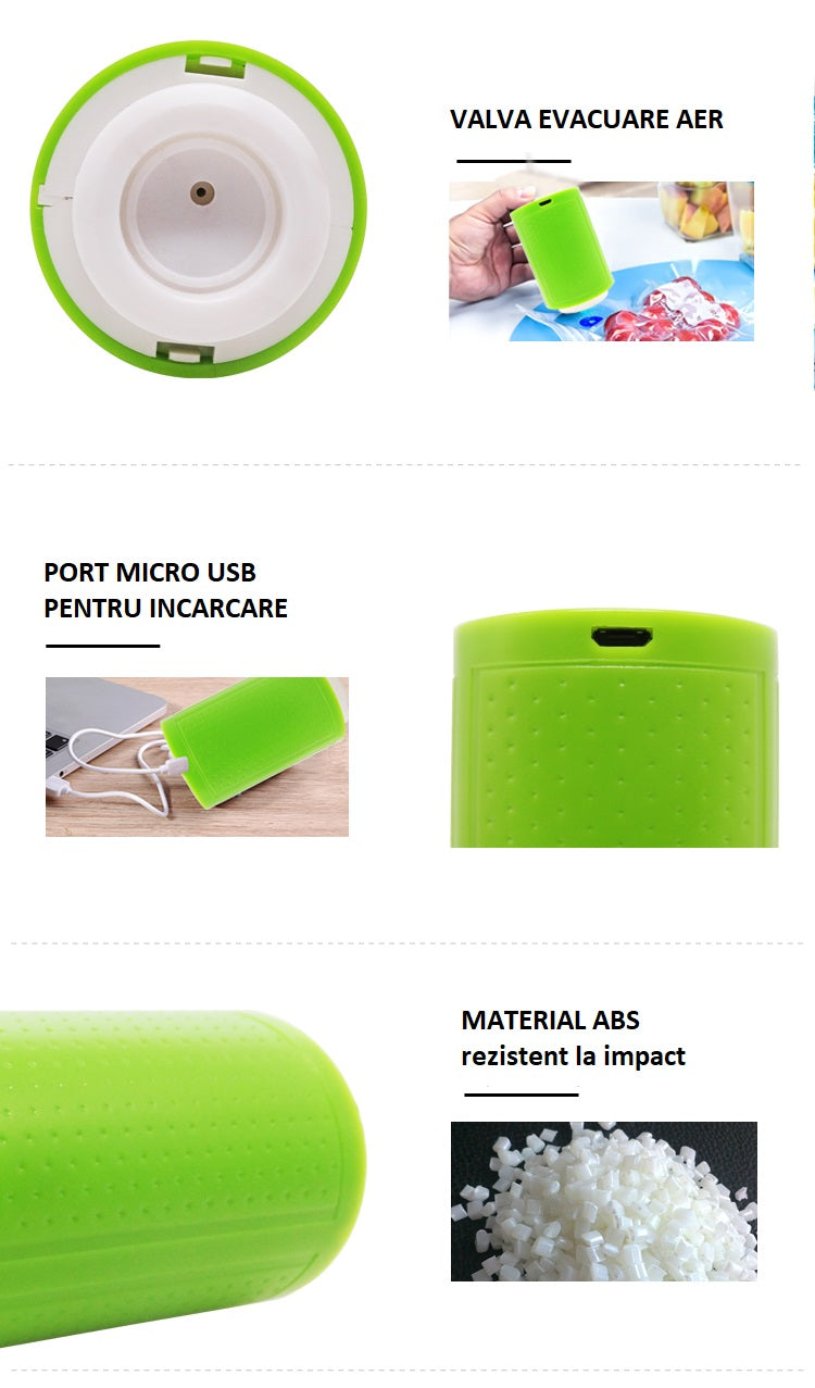 Aparat de vidat pungi, 6 pungi incluse, verde, reincarcabil