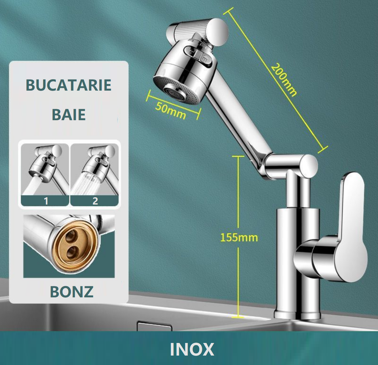 Baterie Bucătărie și Baie Inox BESEDER, Rotire 1080°, Cartuș Ceramic, 2 Moduri de Curgere