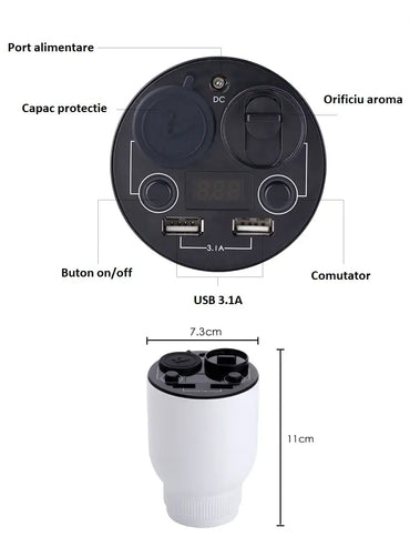 5in1 Difuzor Aroma Bricheta Auto USB Alb, Dual USB 3,1A, Indicator Voltaj, 10ml Iasomie, 12/24V