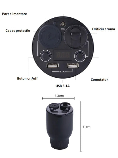 5in1 Difuzor Aroma Bricheta Auto USB Negru, Dual USB 3,1A, Indicator Voltaj, 10ml Iasomie, 12/24V