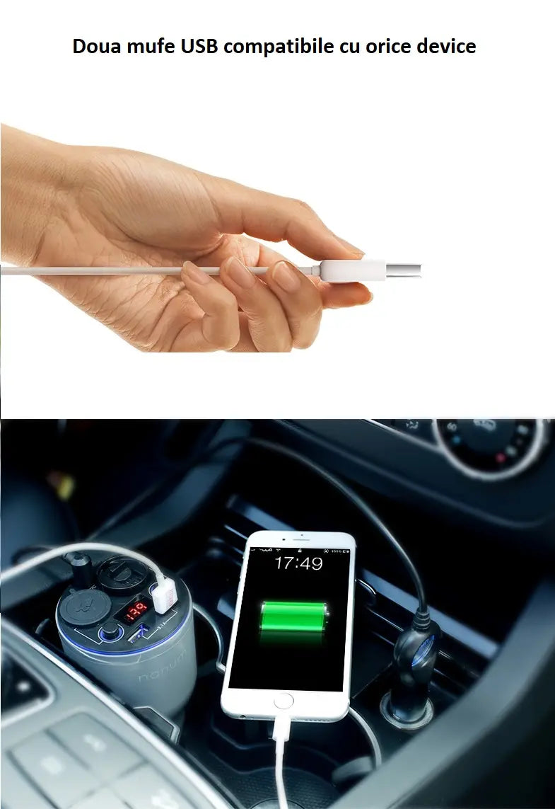 5in1 Difuzor Aroma Bricheta Auto USB Negru, Dual USB 3,1A, Indicator Voltaj, 10ml Iasomie, 12/24V