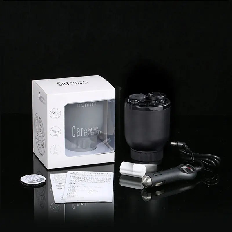 5in1 Difuzor Aroma Bricheta Auto USB Negru, Dual USB 3,1A, Indicator Voltaj, 10ml Iasomie, 12/24V