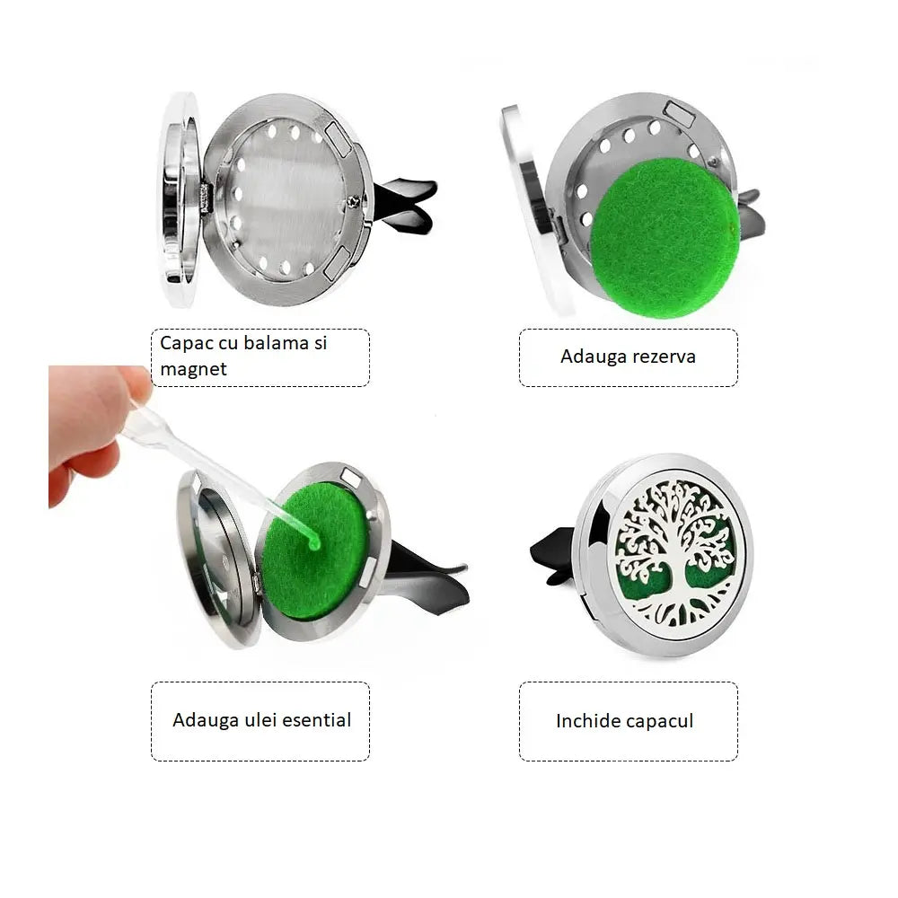 Set 3 Difuzoare Auto Aromaterapie Inox Magnetice - Arborele Vieții, BESEDER