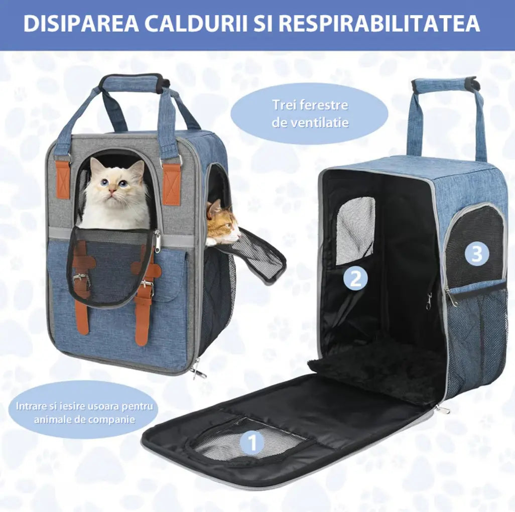 Rucsac Animale de Companie BESEDER, Material Oxford, 41x30x21 cm, Water Resistant, Albastru și Gri