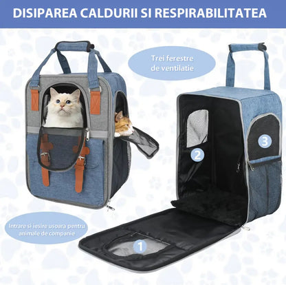 Rucsac Animale de Companie BESEDER, Material Oxford, 41x30x21 cm, Water Resistant, Albastru și Gri