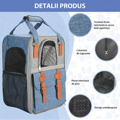 Rucsac Animale de Companie BESEDER, Material Oxford, 41x30x21 cm, Water Resistant, Albastru și Gri