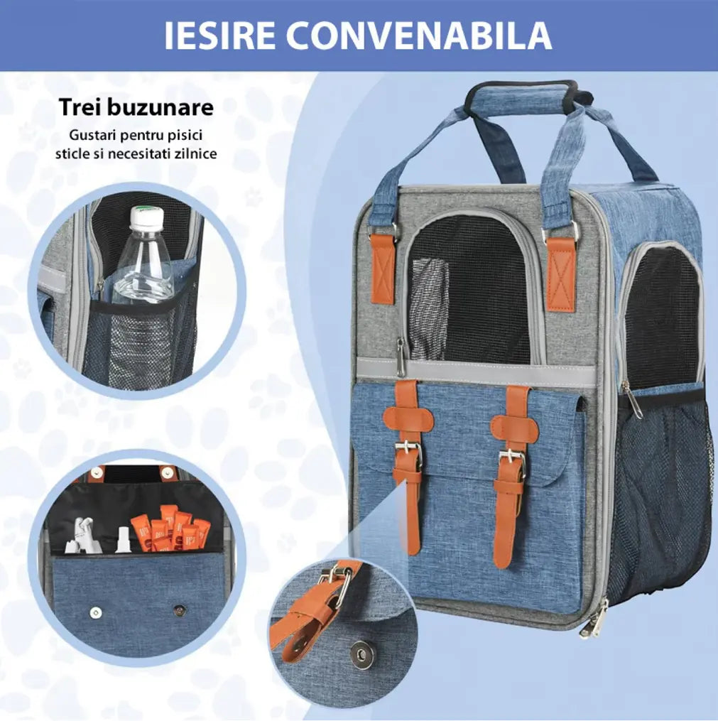 Rucsac Animale de Companie BESEDER, Material Oxford, 41x30x21 cm, Water Resistant, Albastru și Gri