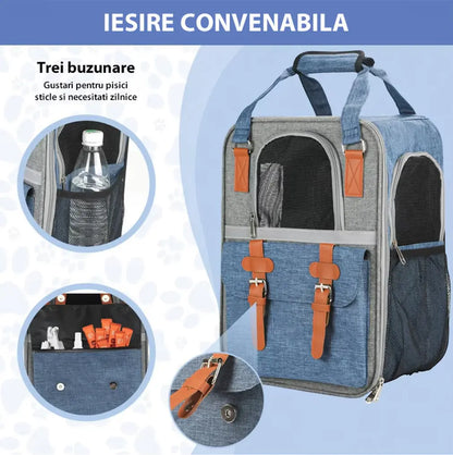 Rucsac Animale de Companie BESEDER, Material Oxford, 41x30x21 cm, Water Resistant, Albastru și Gri