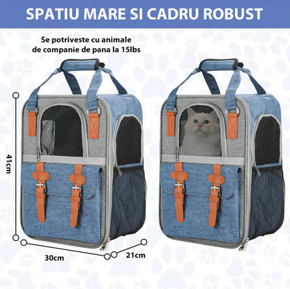 Rucsac Animale de Companie BESEDER, Material Oxford, 41x30x21 cm, Water Resistant, Albastru și Gri