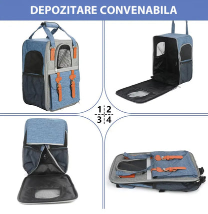 Rucsac Animale de Companie BESEDER, Material Oxford, 41x30x21 cm, Water Resistant, Albastru și Gri