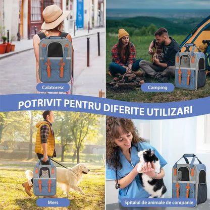 Rucsac Animale de Companie BESEDER, Material Oxford, 41x30x21 cm, Water Resistant, Albastru și Gri