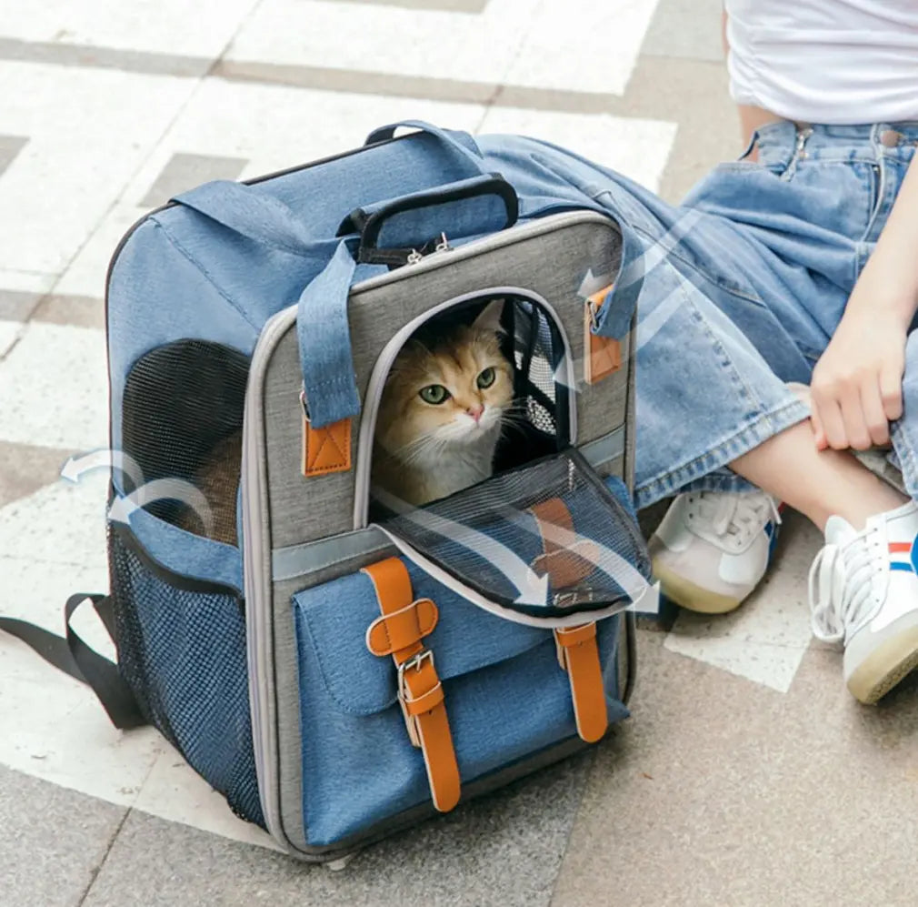 Rucsac Animale de Companie BESEDER, Material Oxford, 41x30x21 cm, Water Resistant, Albastru și Gri