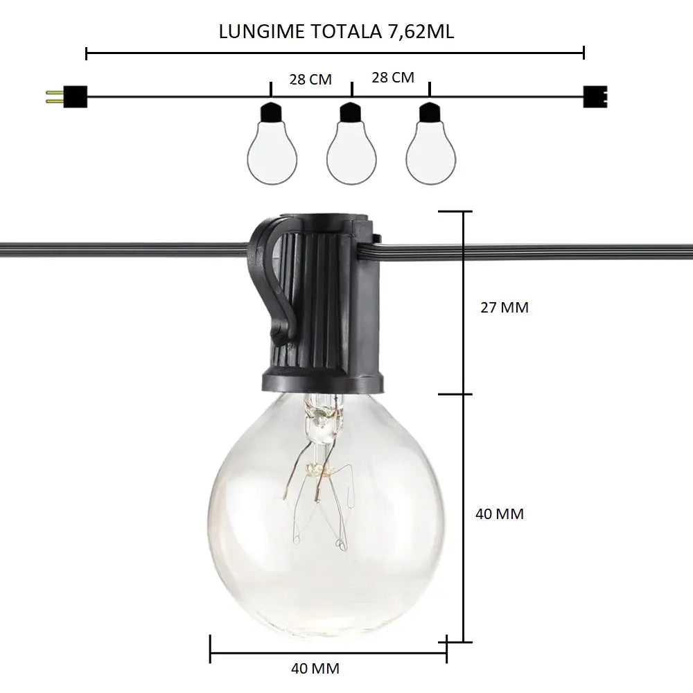 Ghirlandă Luminoasă Exterior 25 Becuri, 7.62m, Rezistentă la Intemperii, Interconectabilă BESEDER