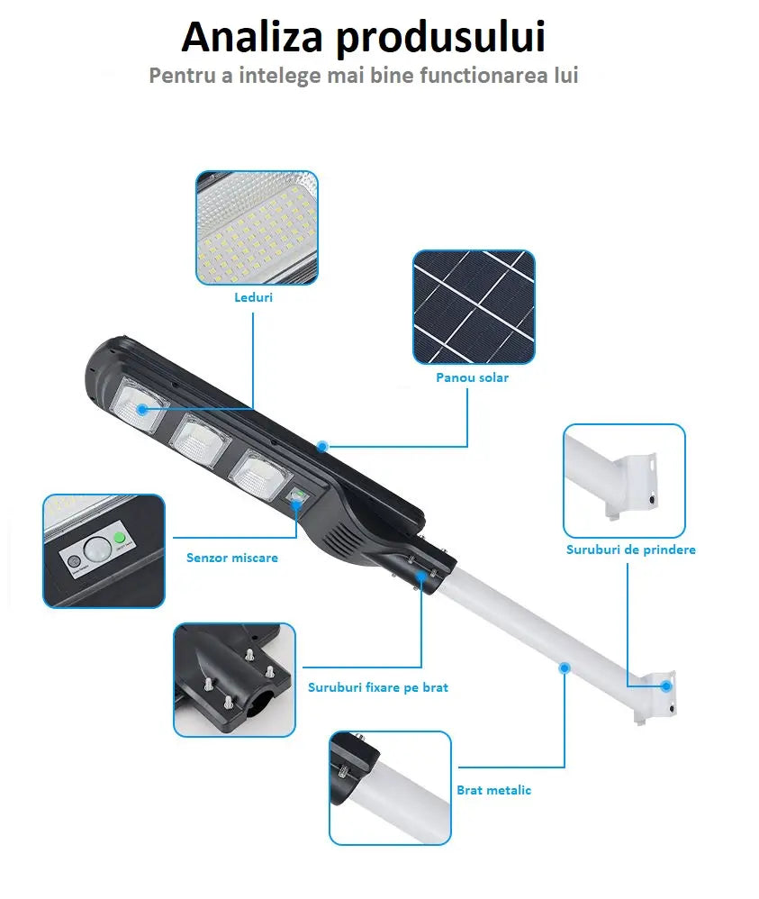 Lampa Stradala LED cu Incarcare Solara, 100W-300W, senzor miscare, acumulator intern, telecomanda