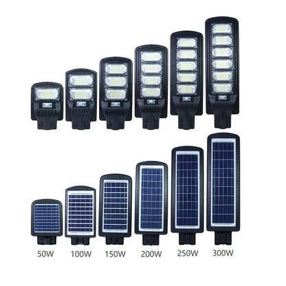 Lampa Stradala LED cu Incarcare Solara, 100W-300W, senzor miscare, acumulator intern, telecomanda