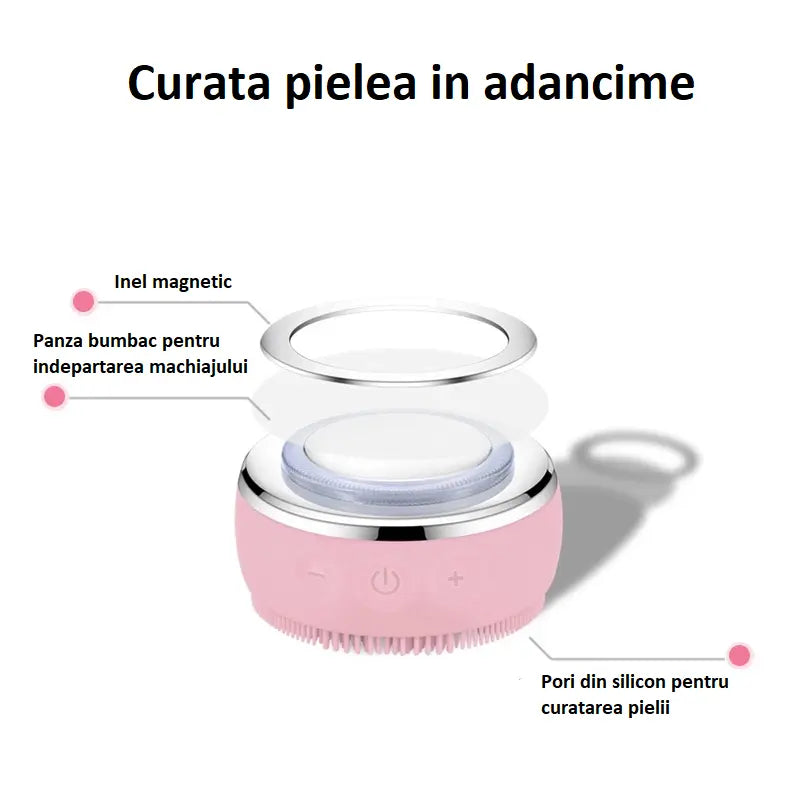 Perie silicon cu 4 programe, pentru curatarea si intretinerea pielii feței, Roz