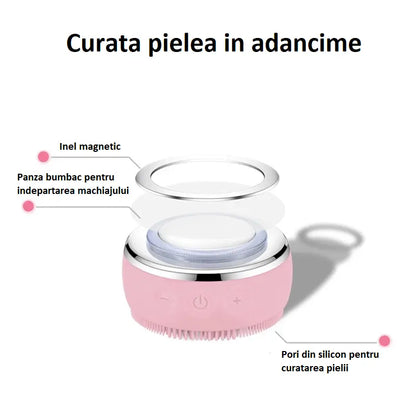 Perie silicon cu 4 programe, pentru curatarea si intretinerea pielii feței, Roz