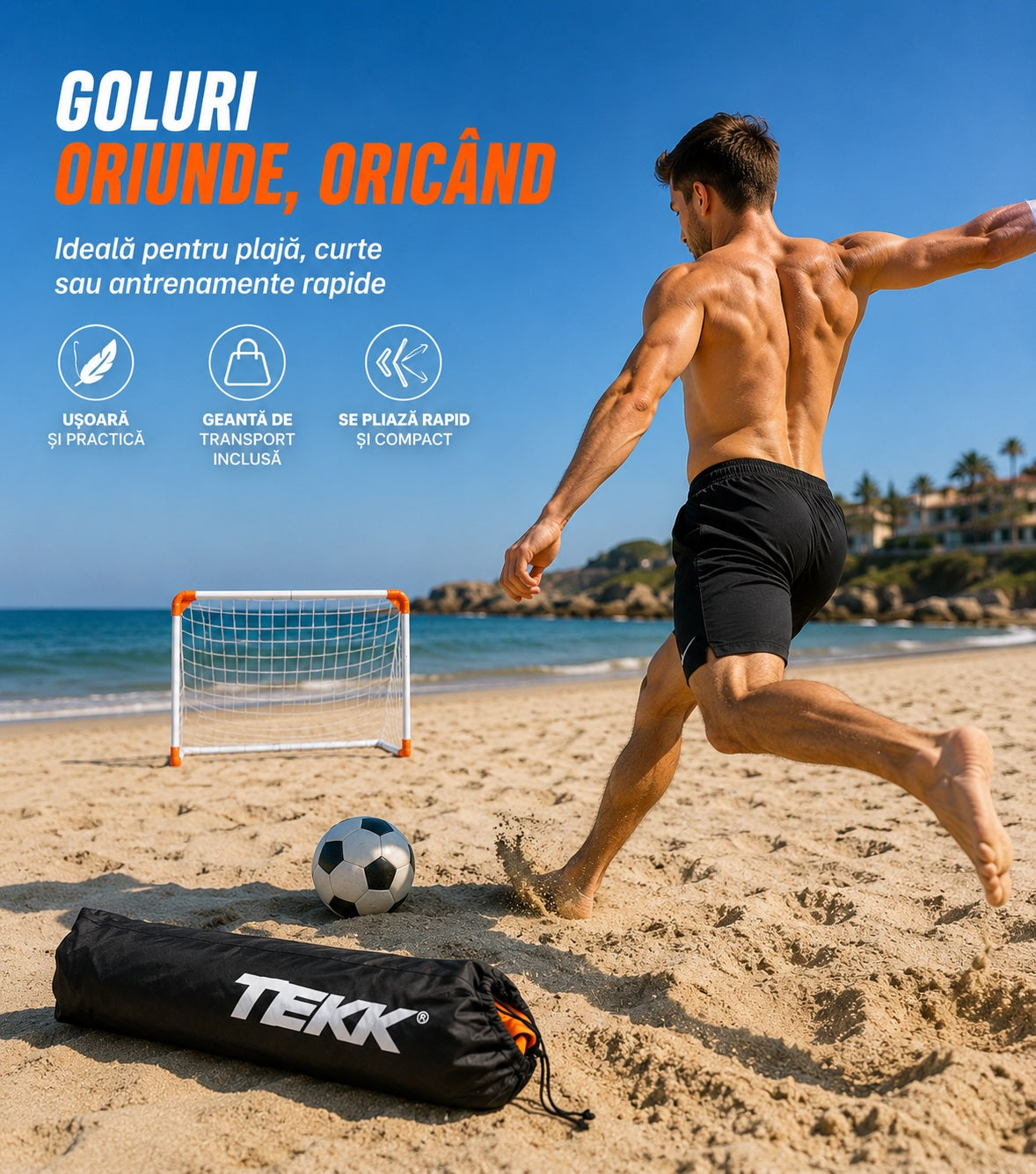 Poartă fotbal pliabilă profesională TEKK, ajustabilă 125 x 183 cm, oțel, geantă transport