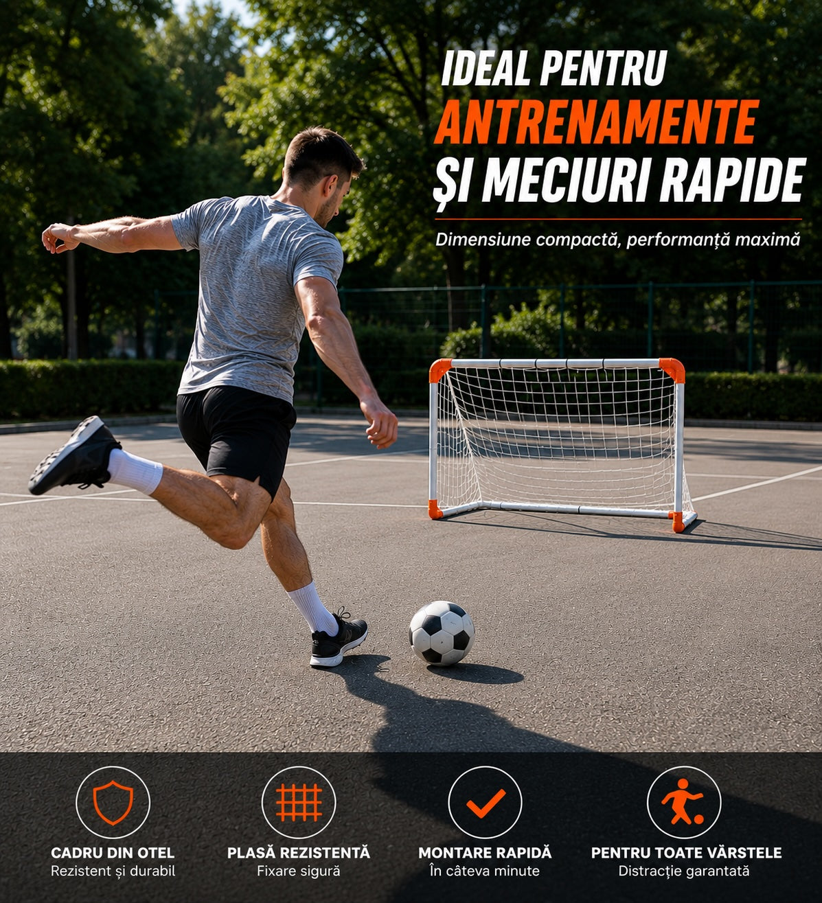 Poartă fotbal pliabilă profesională TEKK, ajustabilă 125 x 183 cm, oțel, geantă transport