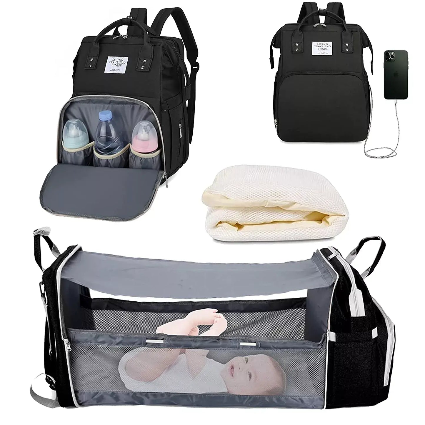 Rucsac multifunctional BESEDER pentru mamici, cu patut pliabil, protectie solara si mufa USB