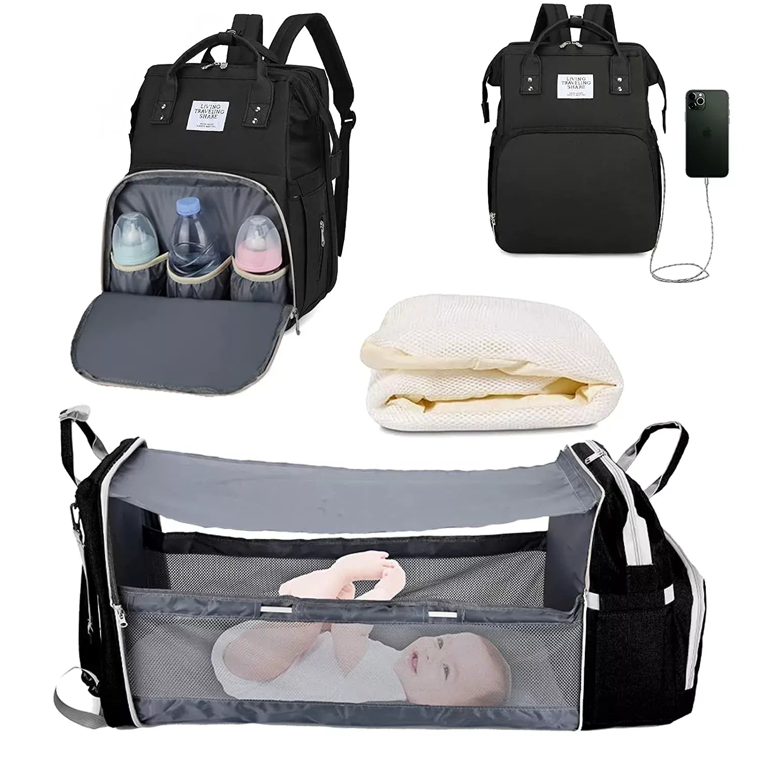 Rucsac multifunctional BESEDER pentru mamici, cu patut pliabil, protectie solara si mufa USB