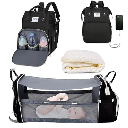 Rucsac multifunctional BESEDER pentru mamici, cu patut pliabil, protectie solara si mufa USB