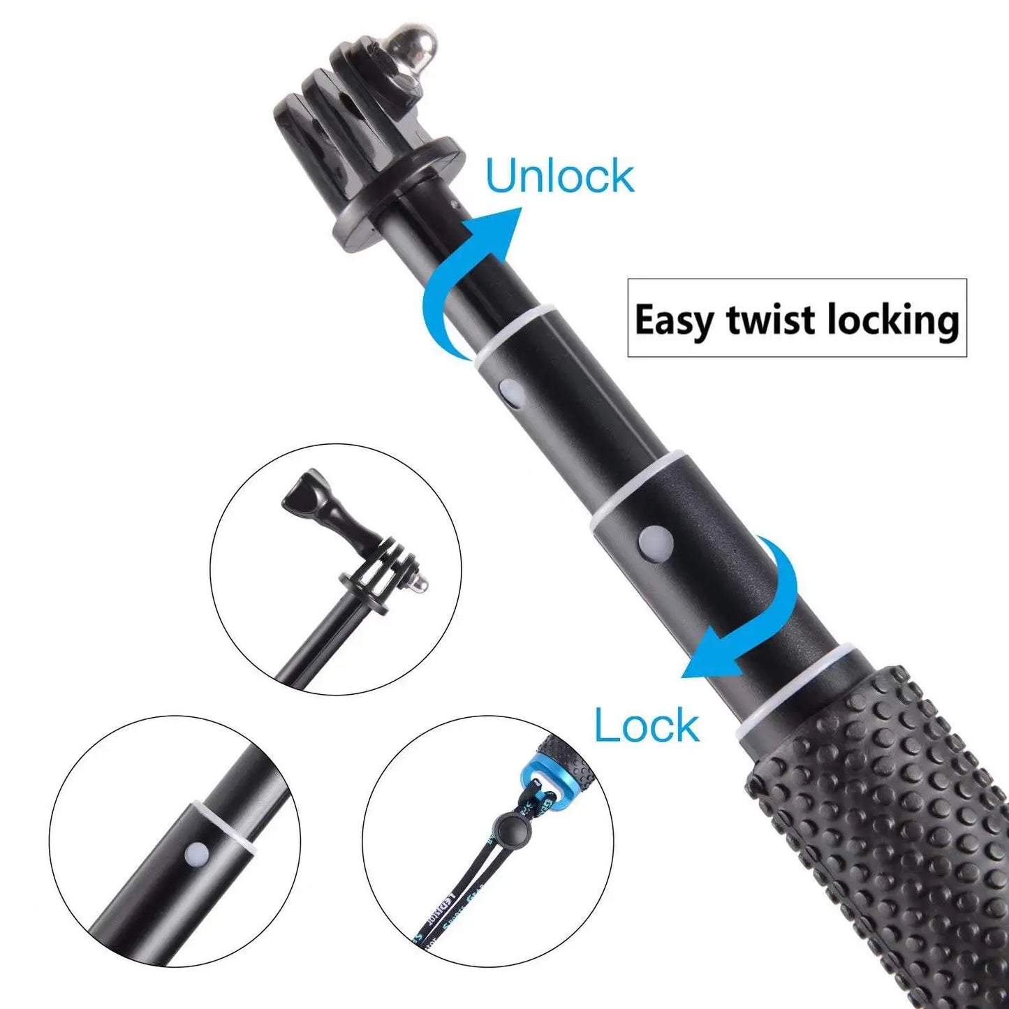 Selfie stick telescopic, din aluminiu, rezistent la apa, pentru camere de actiune