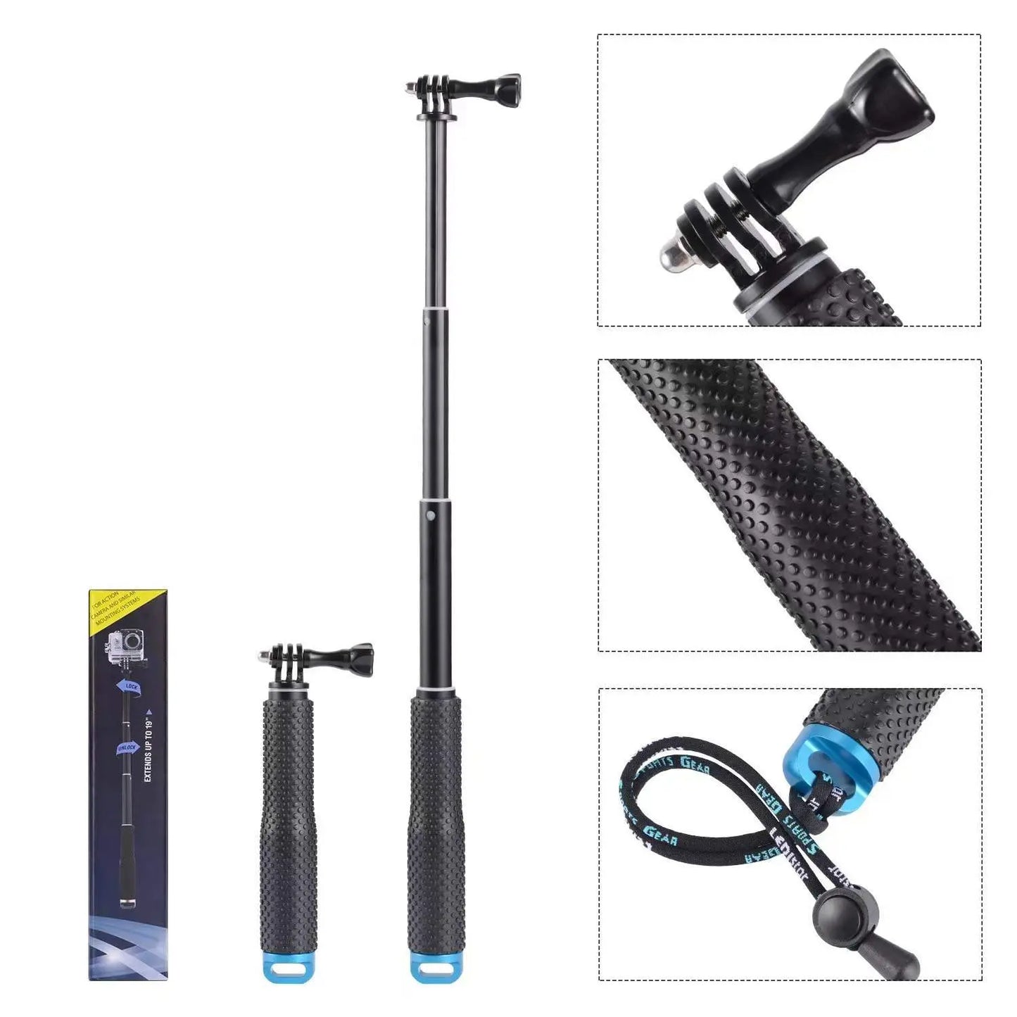 Selfie stick telescopic, din aluminiu, rezistent la apa, pentru camere de actiune