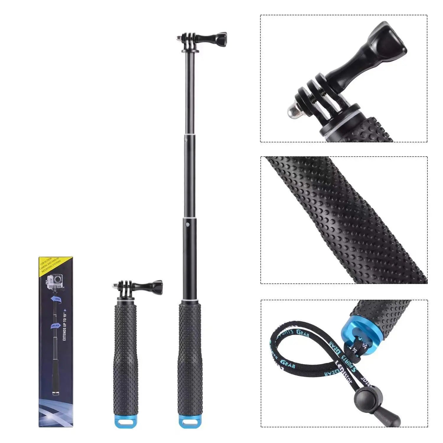 Selfie stick telescopic, din aluminiu, rezistent la apa, pentru camere de actiune
