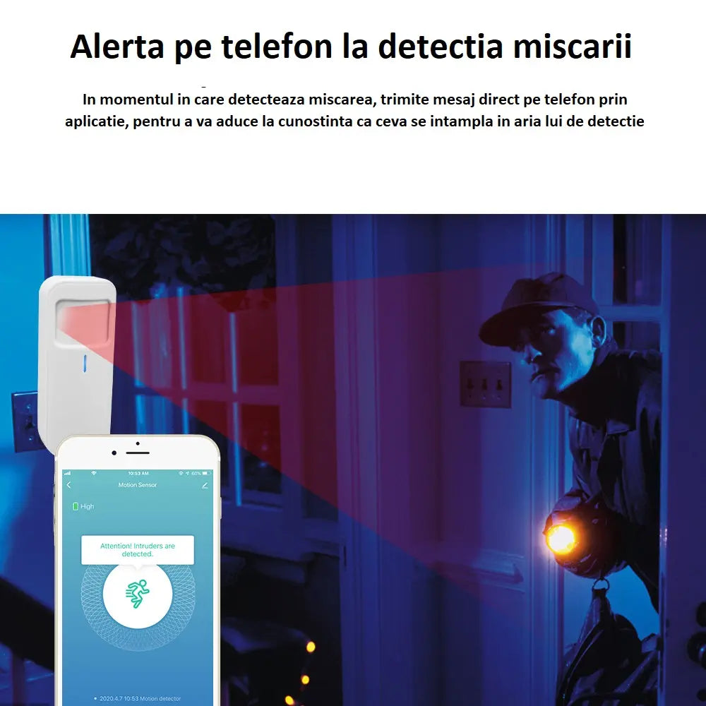 Senzor de miscare inteligent, independent, WiFi, compatibil TuyaSmart si SmartLife, baterie CR123A, alb