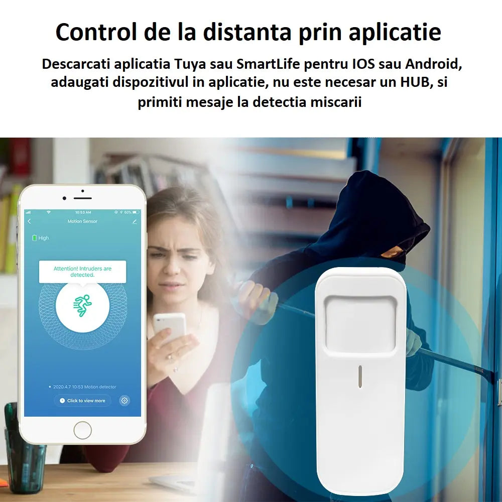 Senzor de miscare inteligent, independent, WiFi, compatibil TuyaSmart si SmartLife, baterie CR123A, alb