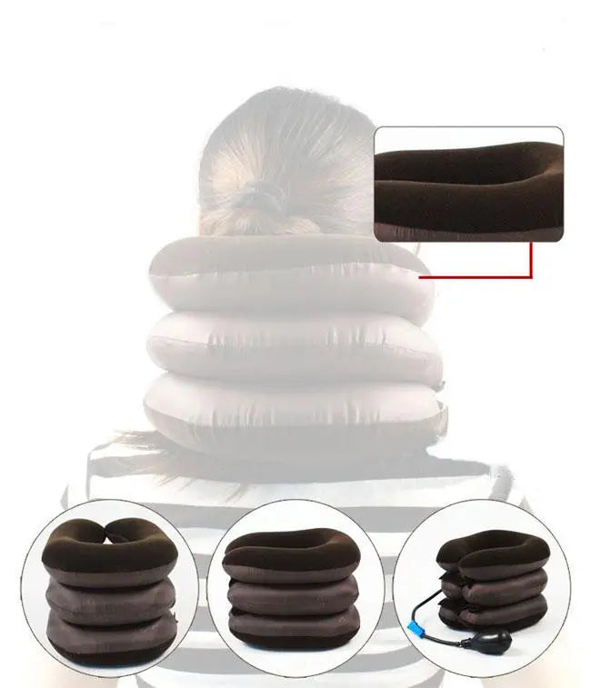 Guler cervical de elongare, decompresia coloanei, eliminarea durerilor cervicale, gonflabil, 3 camere, maro