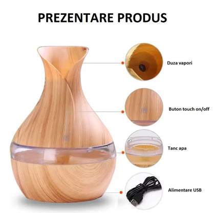 Difuzor Aromaterapie și Umidificator Tip Vaza, BESEDER cu LED și USB